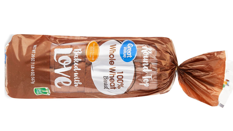 A loaf of Great Value 100% Whole Wheat Round Top Bread