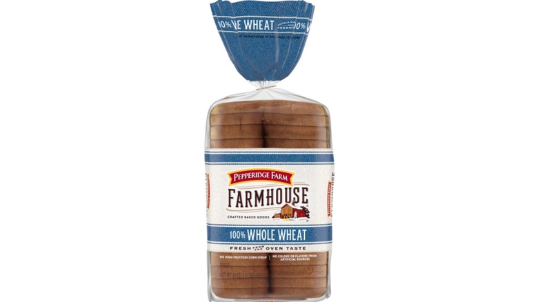 a loaf of Pepperidge Farm Farmhouse 100% Whole Wheat bread