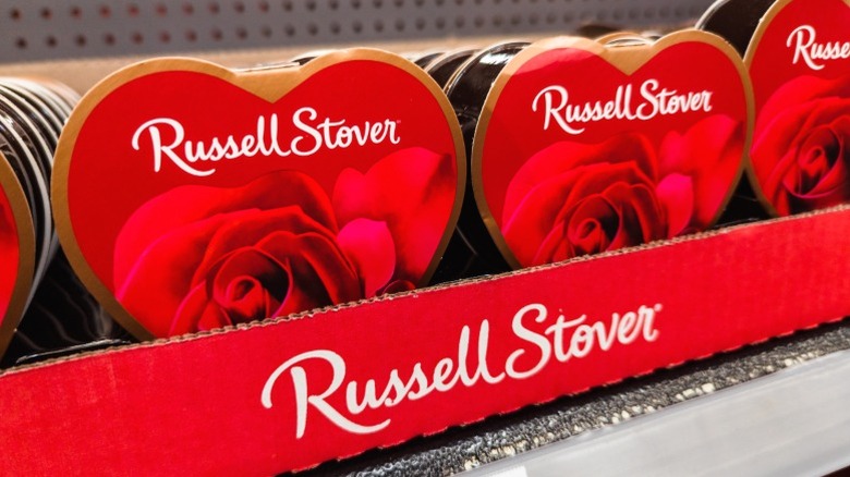 Heart-shaped boxes of Russell Stover chocolates.