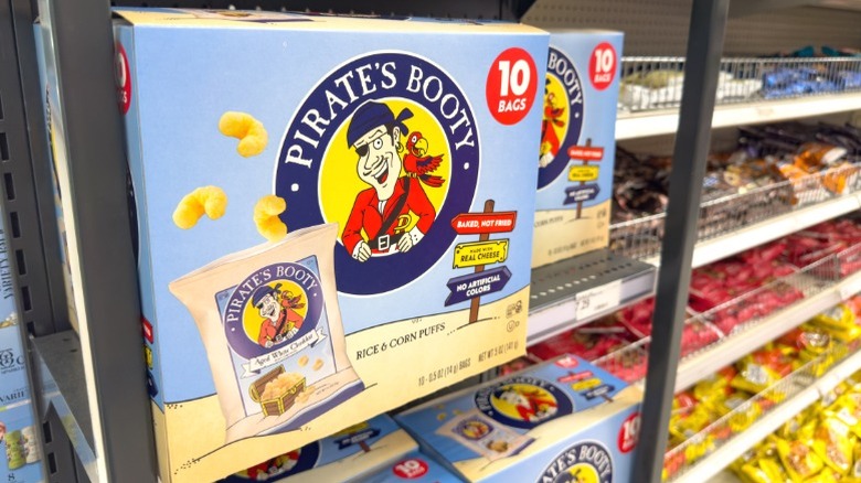 Boxes of Pirate's Booty cheese puffs.