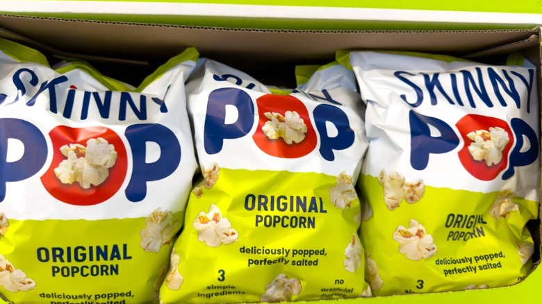 Bags of SkinnyPop popcorn.