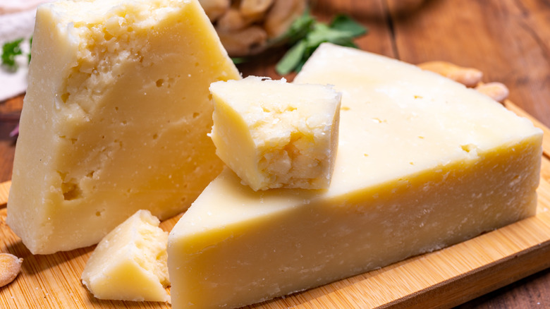Pecorino Romano cheese on a wooden board