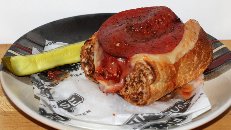 A photo of Firehouse Subs' Pepperoni Pizza Meatball sandwich