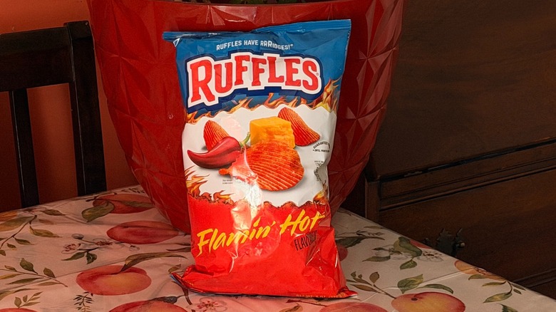 A bag of Ruffles Flamin' Hot potato chips