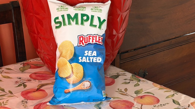 A bag of Ruffles Simply Sea Salted potato chips