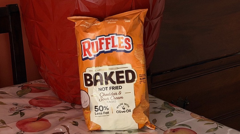 A bag of Ruffles cheddar and sour cream baked potato chips
