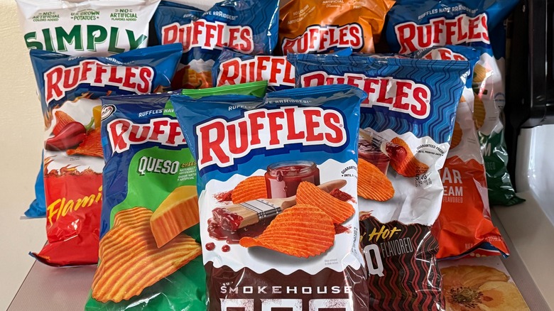 10 bags of different flavors of Ruffles potato chips