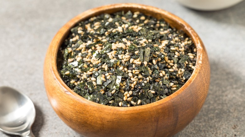 Furikake seasoning in a wooden bowl.