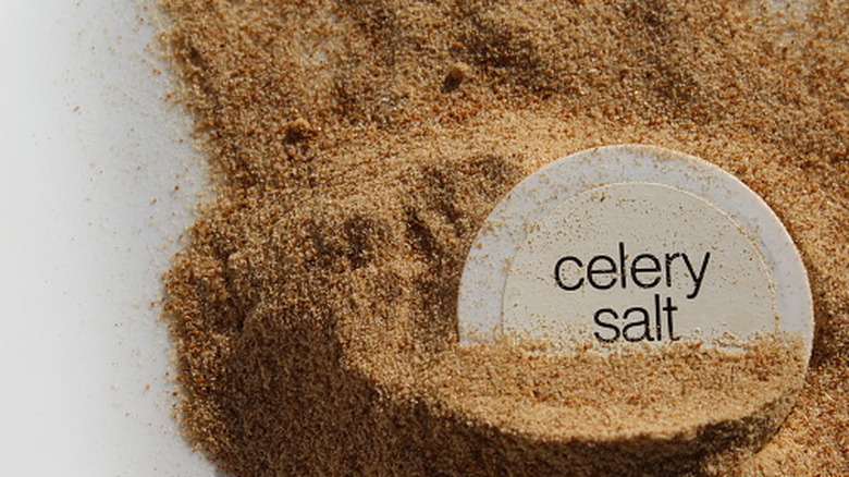 A pile of celery salt with a round label that reads "celery salt" sticking out of it