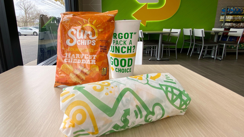 Subway 6-inch sandwich plus Sun Chips and a drink