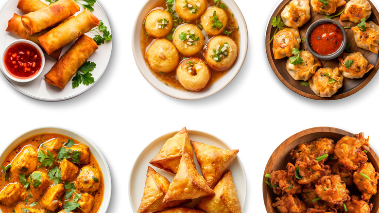 An assortment of Indian snacks against a white background