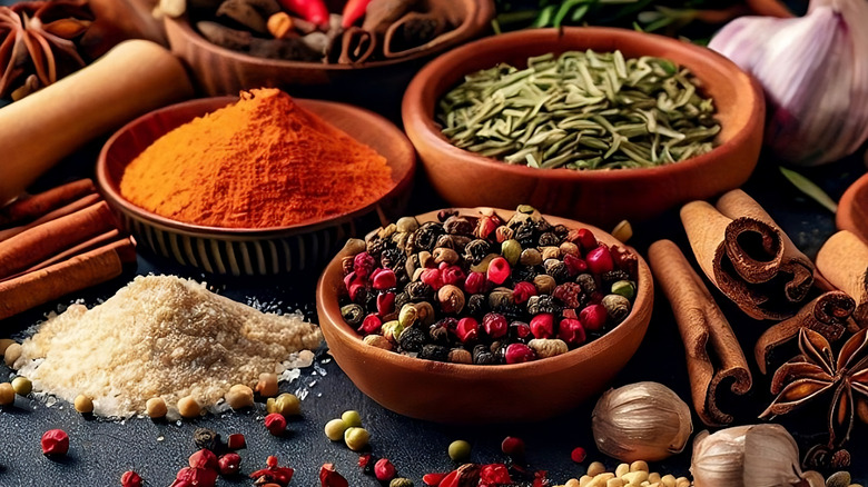 Bowls of dried spice powders and whole spices