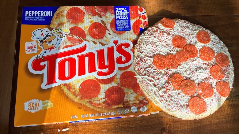 Frozen pepperoni pizza next to its Tony's brand pizza box