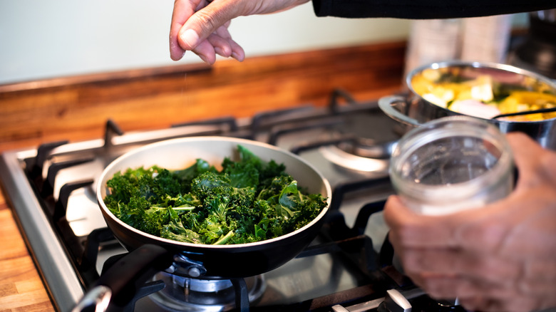 Person cooking vegan food, adding salt