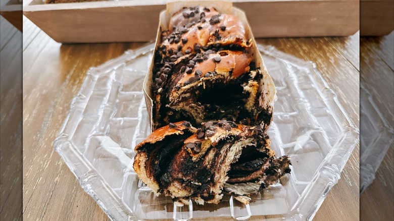 Trader Joe's Chocolate Brooklyn Babka on a glass plate