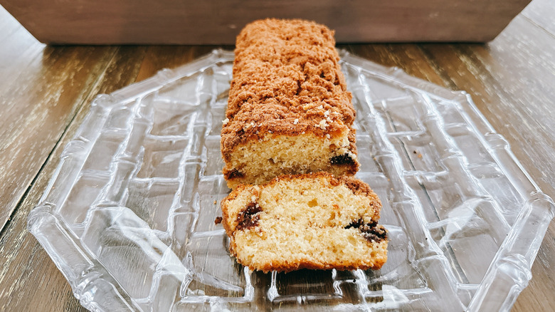 Trader Joe's Cinnamon Coffee Cake on a glass plate