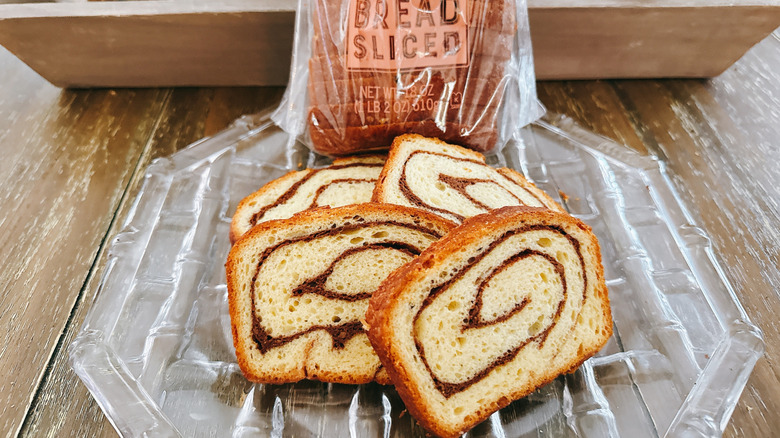 Trader Joe's Cinnamon Swirl Bread on a glass plate