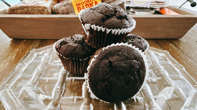 Trader Joe's Double Chocolate Muffins on a glass plate