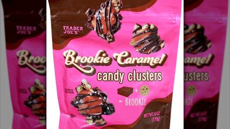 A bag of Trader Joe's Brookie Caramel Candy Clusters on a white background.