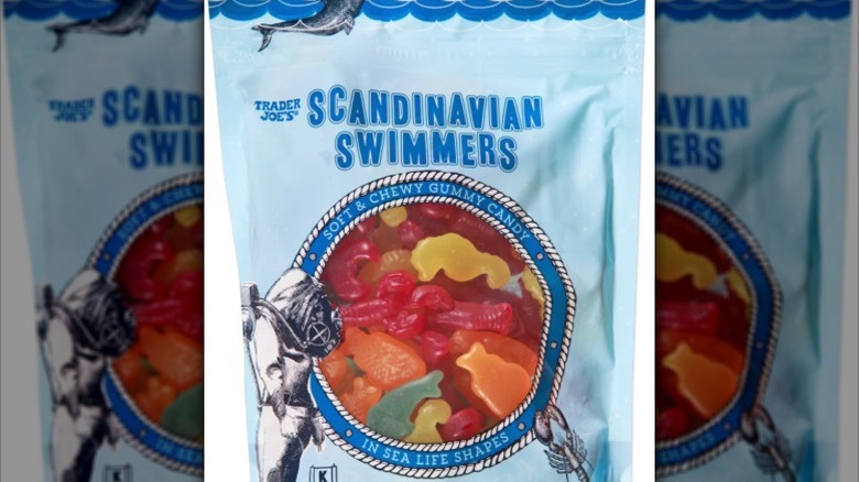 A bag of Scandinavian Swimmers from Trader Joe's on a white background.