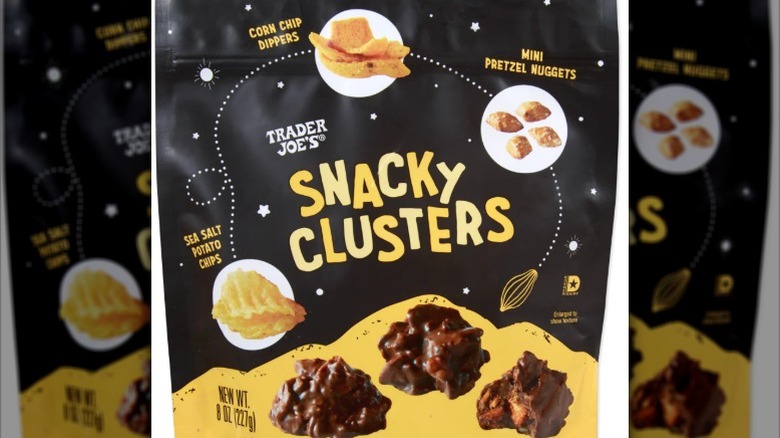 A bag of Trader Joe's Snacky Clusters  on a white background.