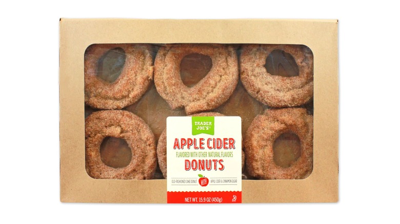 A box of Trader Joe's Apple Cider Donuts on a white background