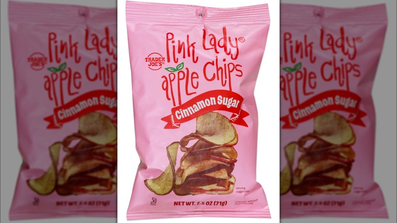 A bag of Pink Lady Apple Chips from Trader Joe's on a white background