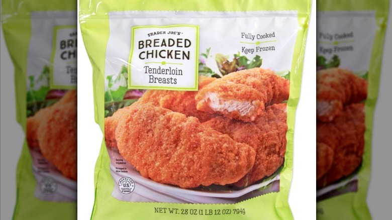 A package of Trader Joe's Breaded Chicken Tenderloin Breasts.