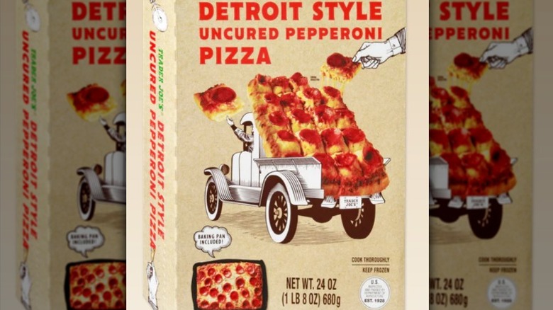 A box of Trader Joe's Detroit Style Uncured Pepperoni Pizza.