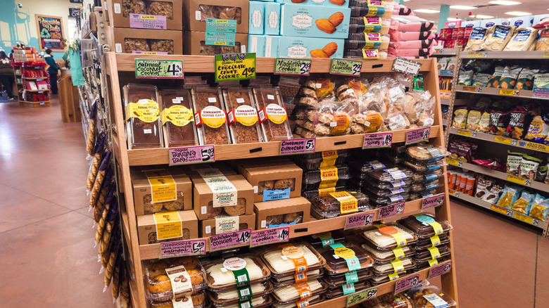 A large shelf of baked goods sold at Trader Joe's