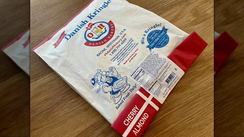 A bag of the Cherry Almond-flavored Danish Kringle produced by O&H and sold at Trader Joe's