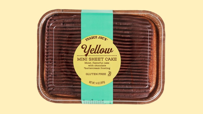 The Yellow Mini Sheet Cake from Trader Joe's on a yellow background.