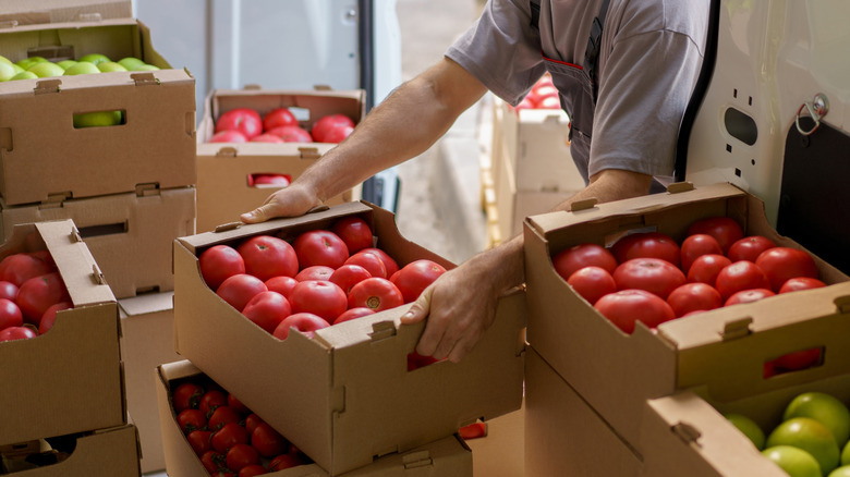 A worker taking freshly delivered produce from a truck to stock on store shelves
