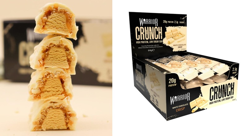 Split image with stack of halved Warrior Crunch High Protein White Chocolate Crisp Bars on the left and box of wrapped bars on the right