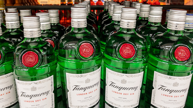 Tanqueray London Dry Gin Bottles in rows on retail display