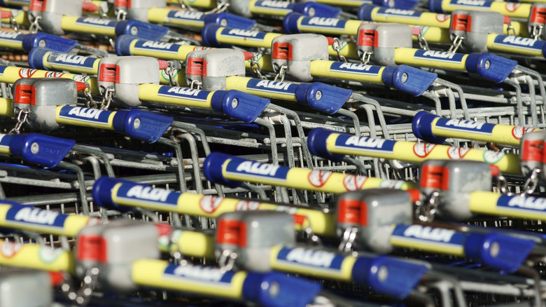 Rows of Aldi shopping carts