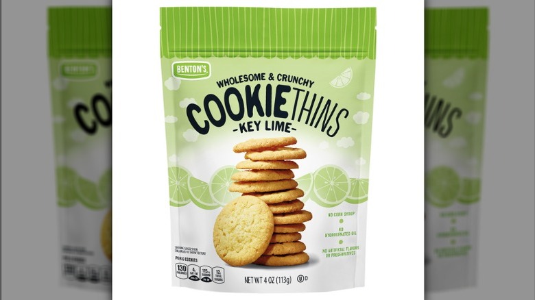 Bag of Aldi Benton's Key Lime Cookie Thins on a white background.