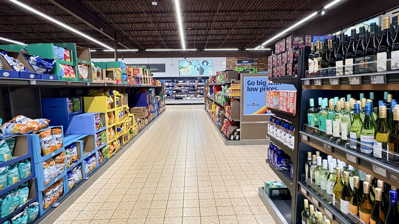 Aldi grocery store aisle with hips and wine