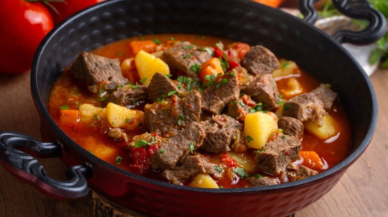 Beef goulash, soup and a stew, made of beef chuck steak, potatoes and plenty of paprika