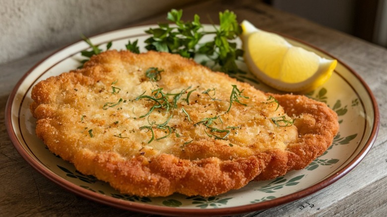 Schnitzel: Thinly breaded and fried cutlet, usually pork or veal, with a golden crust and a juicy, tender inside