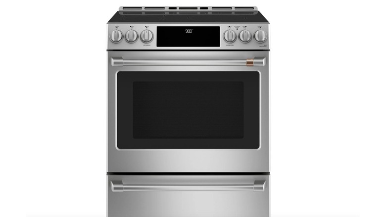 Café Stainless Steel Slide-In Induction Range with pan on stove