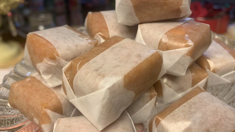 Close-up of a pile of individually wrapped modjeska candies from Serendipity Kandy Kitchen