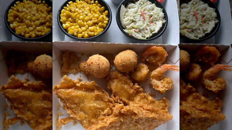 Long John Silver's fish combo in a box with corn and cole slaw