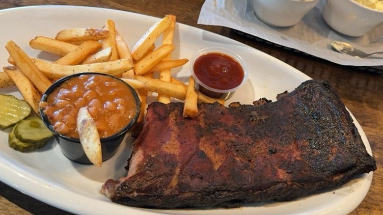BBQ ribs, French fries, baked beans and pickles at Drifters Tennessee BBQ