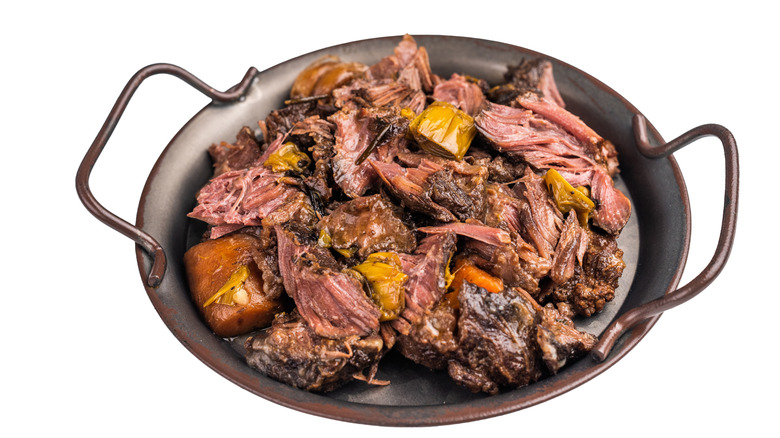 Braised Beef Cheek in a cast iron pot