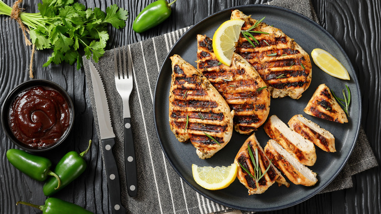 Top view of grilled chicken breasts