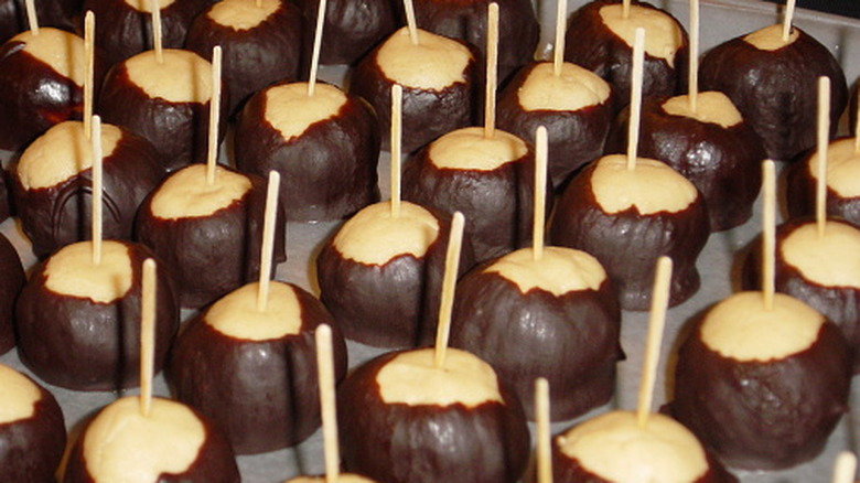 Buckeye chocolate candies on a tray with toothpicks in them