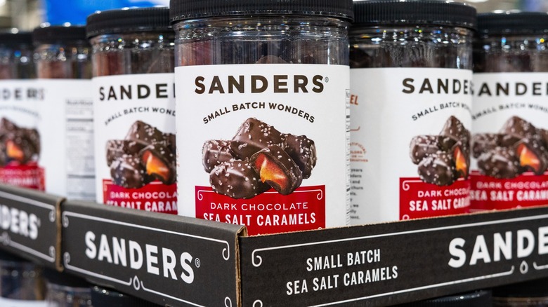 Sanders Dark Chocolate Sea Salted Caramels candies displayed in bulk packaging