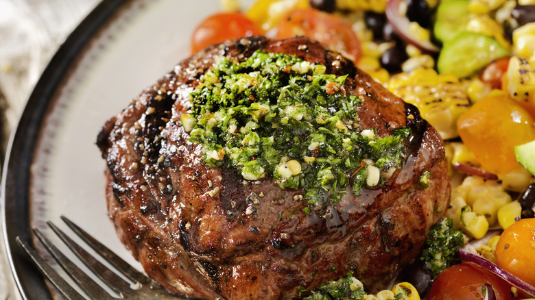 Steak with chimichurri topping