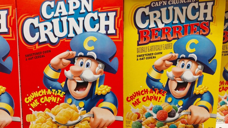 Cap'n Crunch Cereals on a shelf in a supermarket
